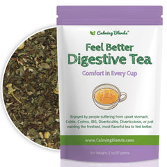 Calming Blends Feel Better Digestive Tea packaging with resealable pouch for lasting freshness.