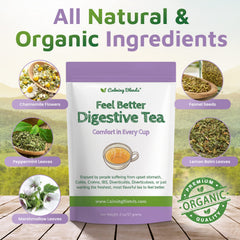Calming Blends Feel Better Digestive Tea resealable pouch preserves aromatic herbs.