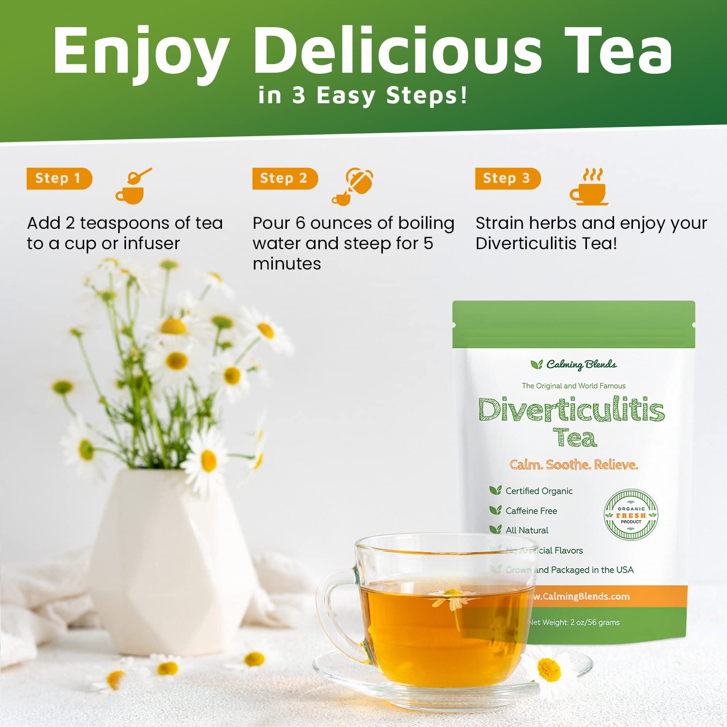 Calming Blends tea with natural ingredients offers a caffeine-free daily option