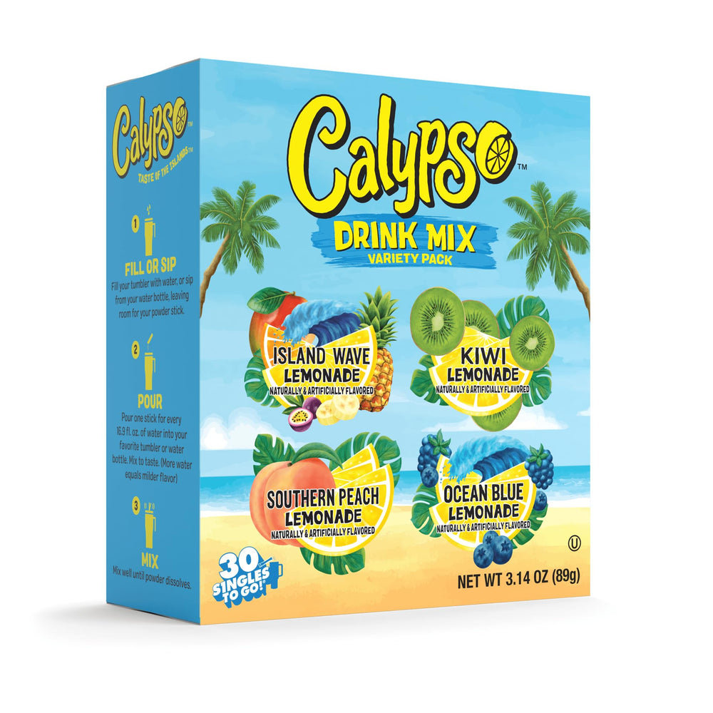 Calypso Singles To Go Island Wave lemonade packet dissolves quickly in water for on-the-go refreshment.
