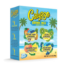 Calypso Singles To Go Island Wave lemonade packet dissolves quickly in water for on-the-go refreshment.