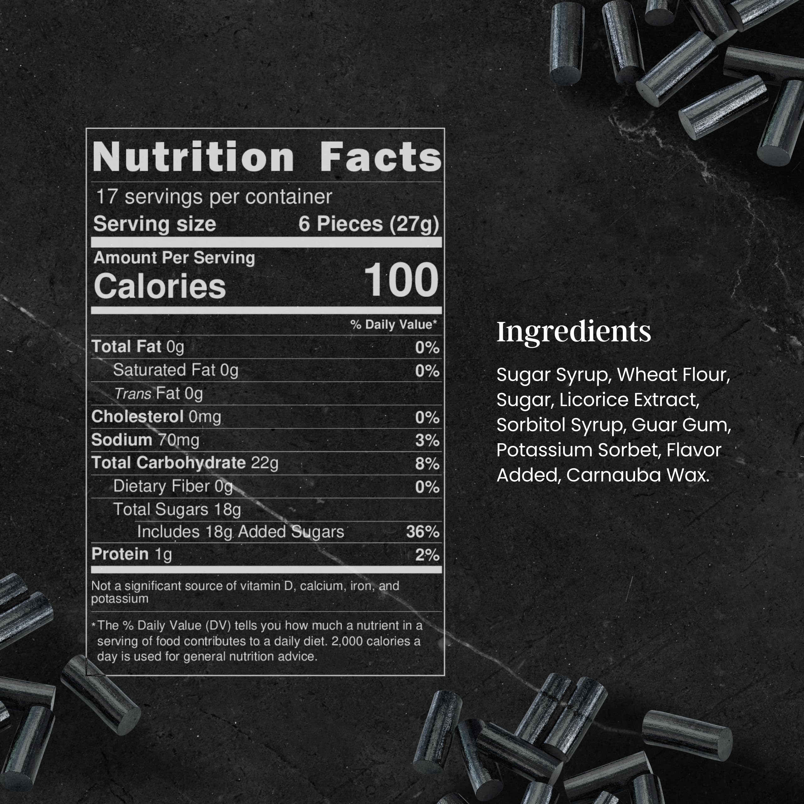 Cambie black licorice close-up showing deep color and smooth texture for snacks.
