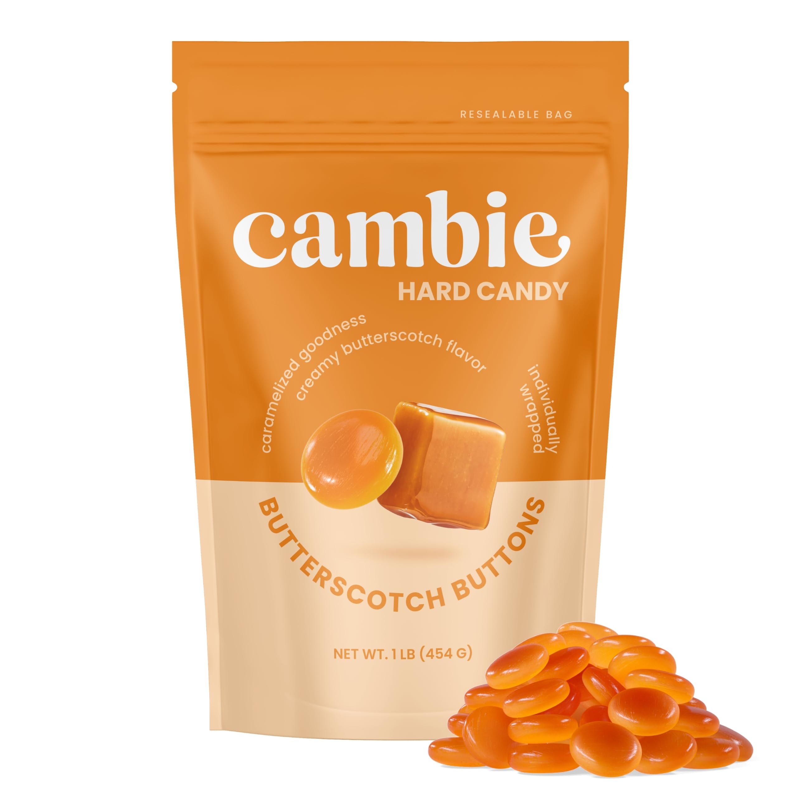 Cambie Butterscotch Hard Candy in resealable pouch for freshness and easy sharing.