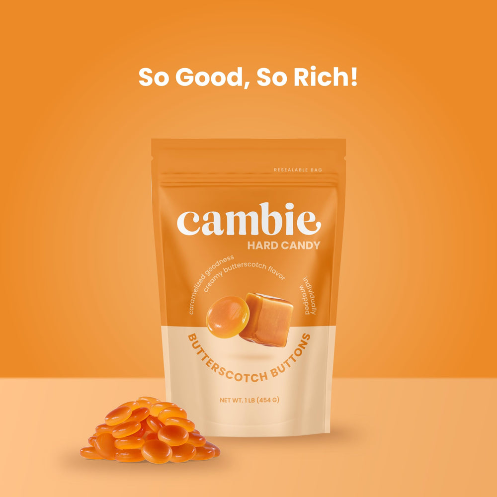 Cambie Butterscotch Hard Candy wrapper detail shows brand and quality.