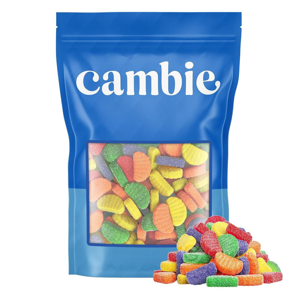 Cambie lemon slices gummy candy close-up with sugar dust for a bright citrus accent.