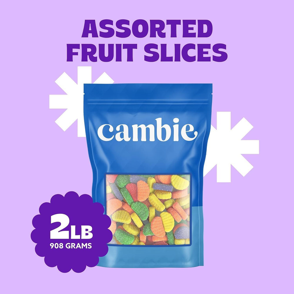 Cambie orange slices gummy candy vibrant citrus pieces ready for display or gifting.