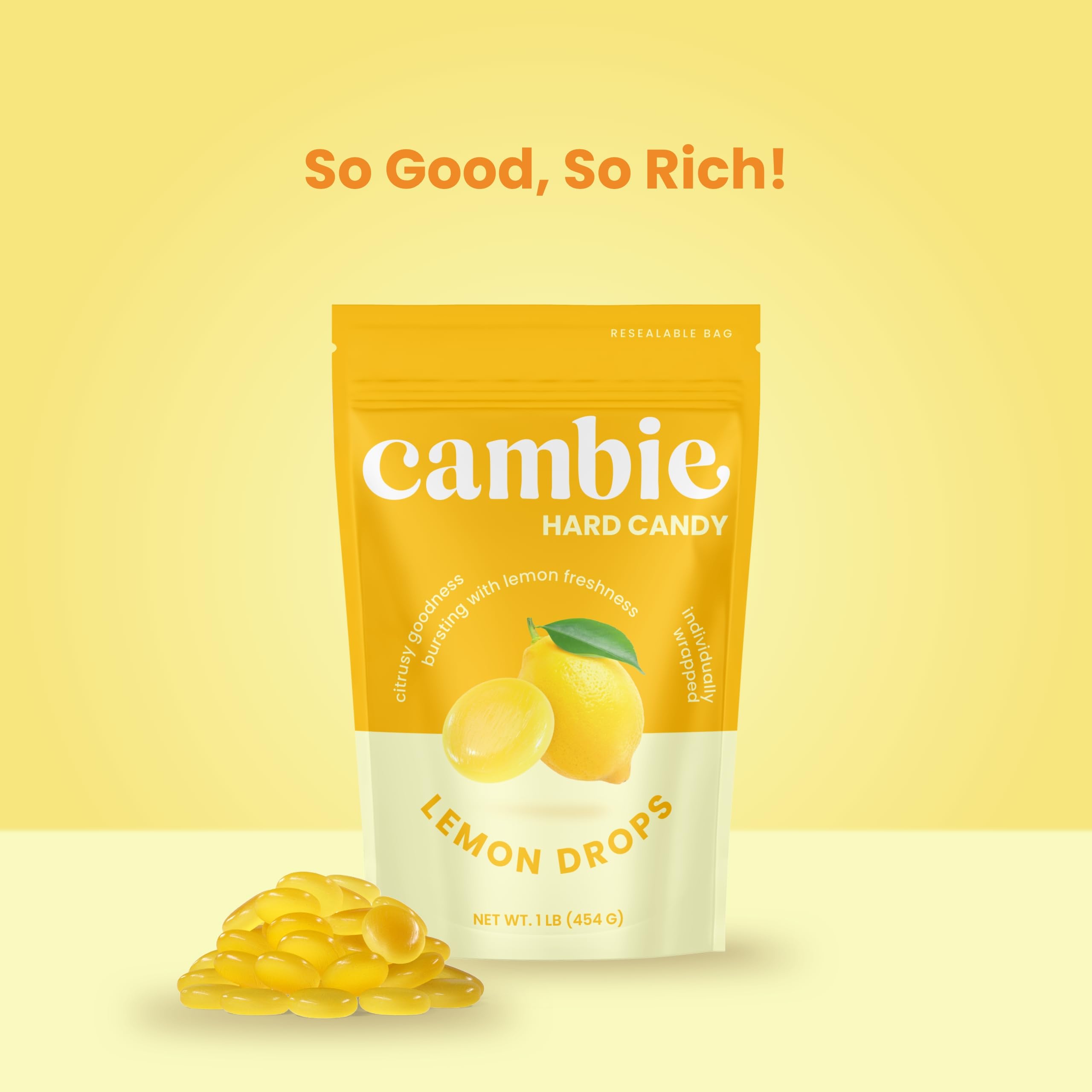 Cambie Lemon Drops close-up in glass jar inviting citrus bite