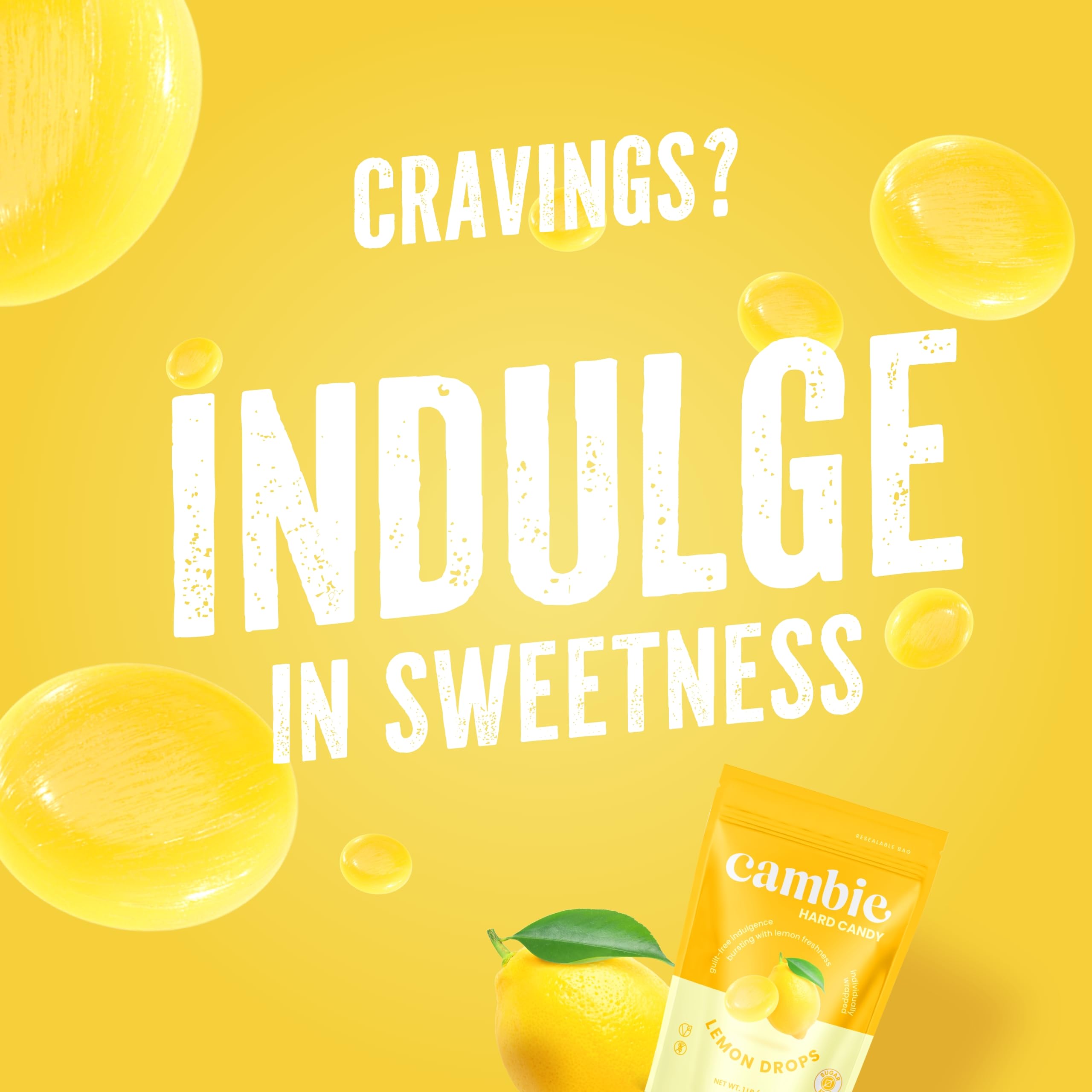 Cambie Lemon Drops close-up with zesty citrus slice backdrop