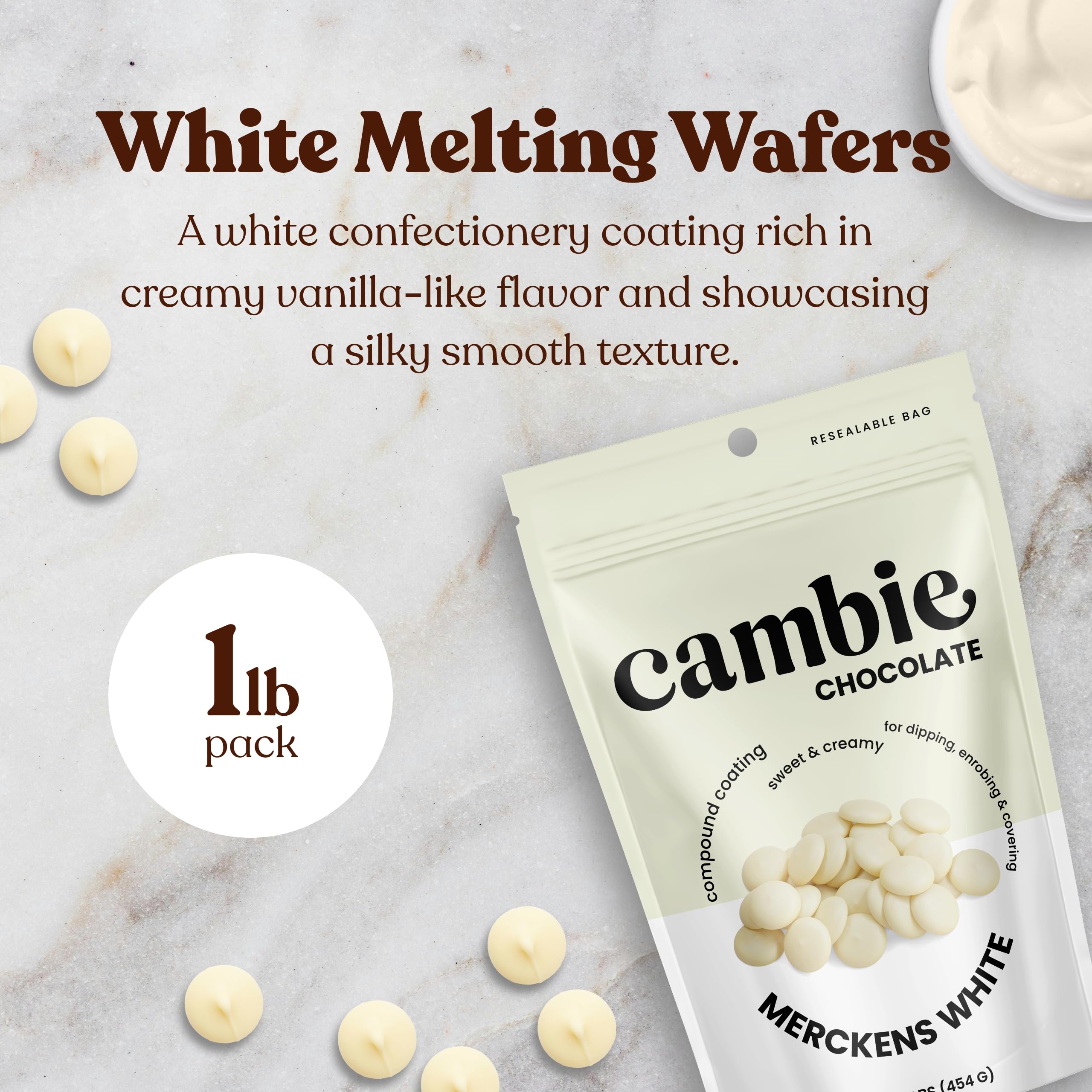 Melted Cambie Merckens white chocolate in a bowl ready for dipping