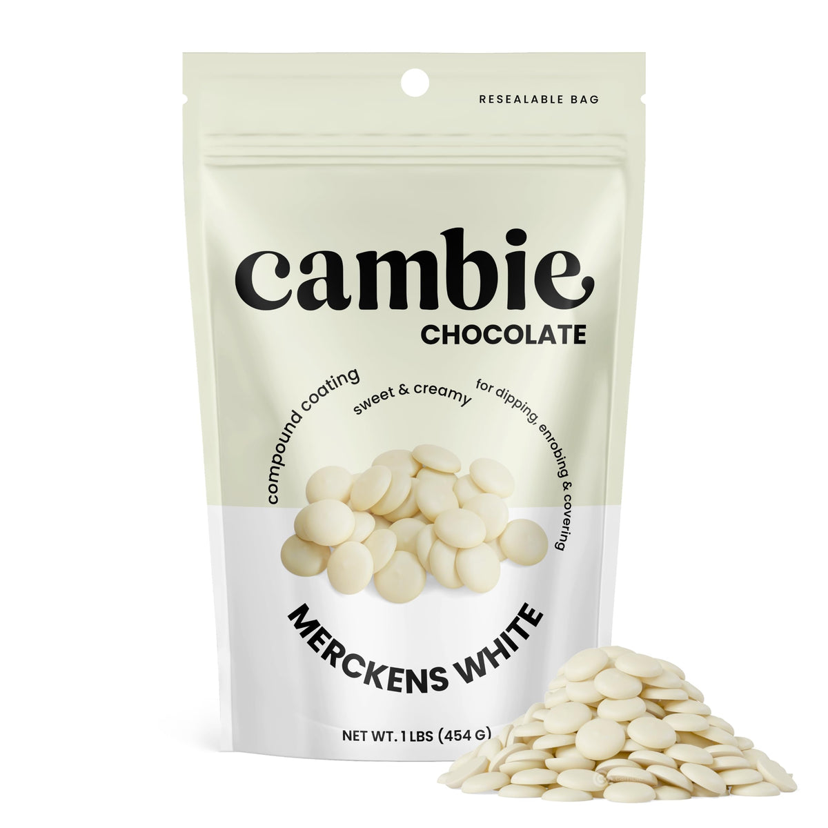 Cambie Merckens white melting chocolate 1lb pack ready for seamless melting and decorating