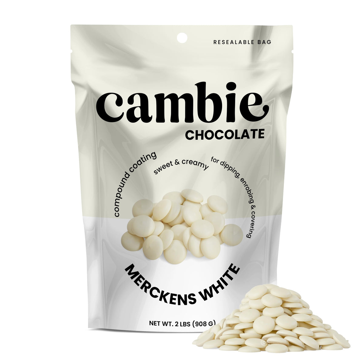 Cambie Merckens white melting chocolate 2lb bag for smooth, glossy candy coatings.