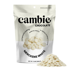 Cambie Merckens white melting chocolate 2lb bag for smooth, glossy candy coatings.