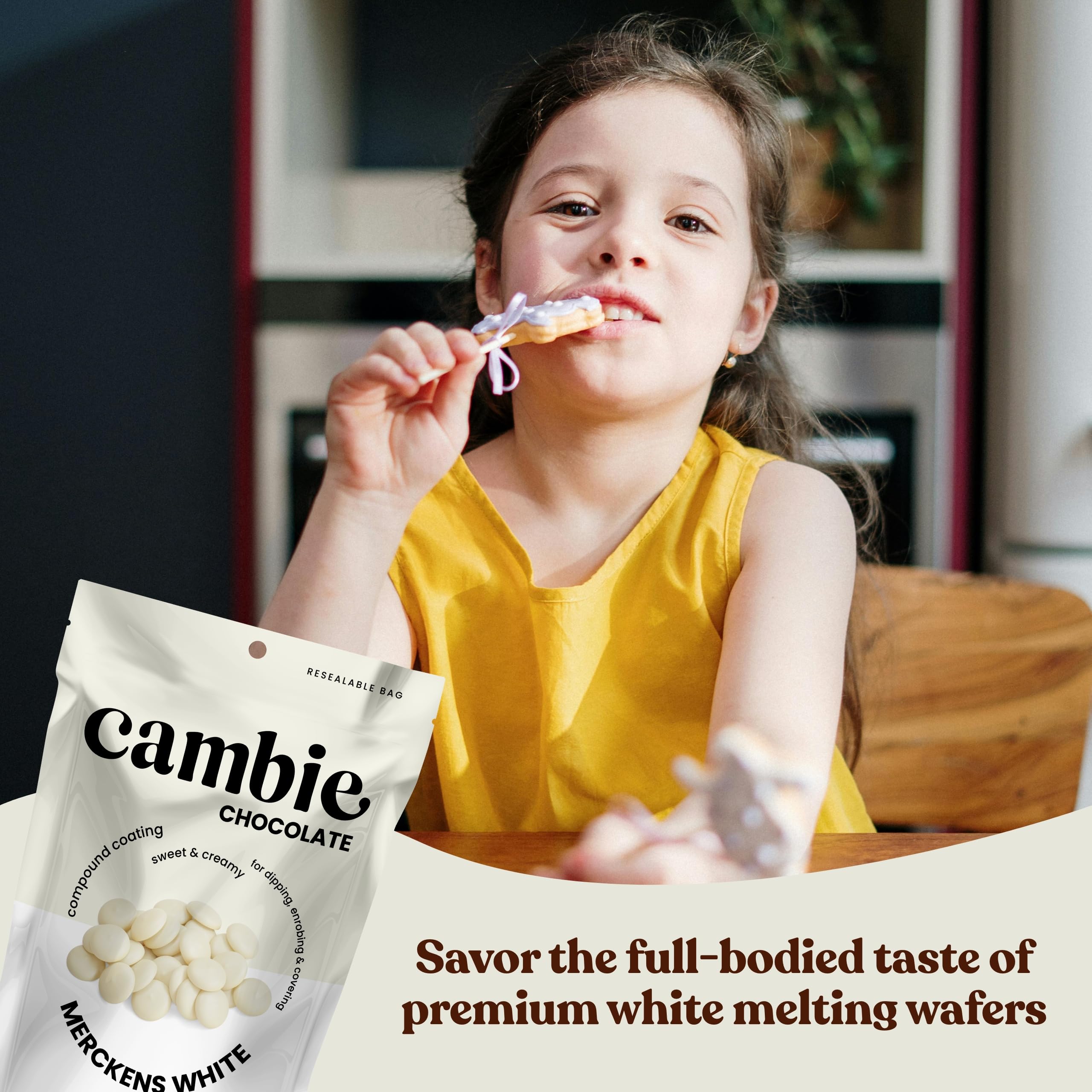 Cambie Merckens white melting chocolate coating for desserts and decorations.