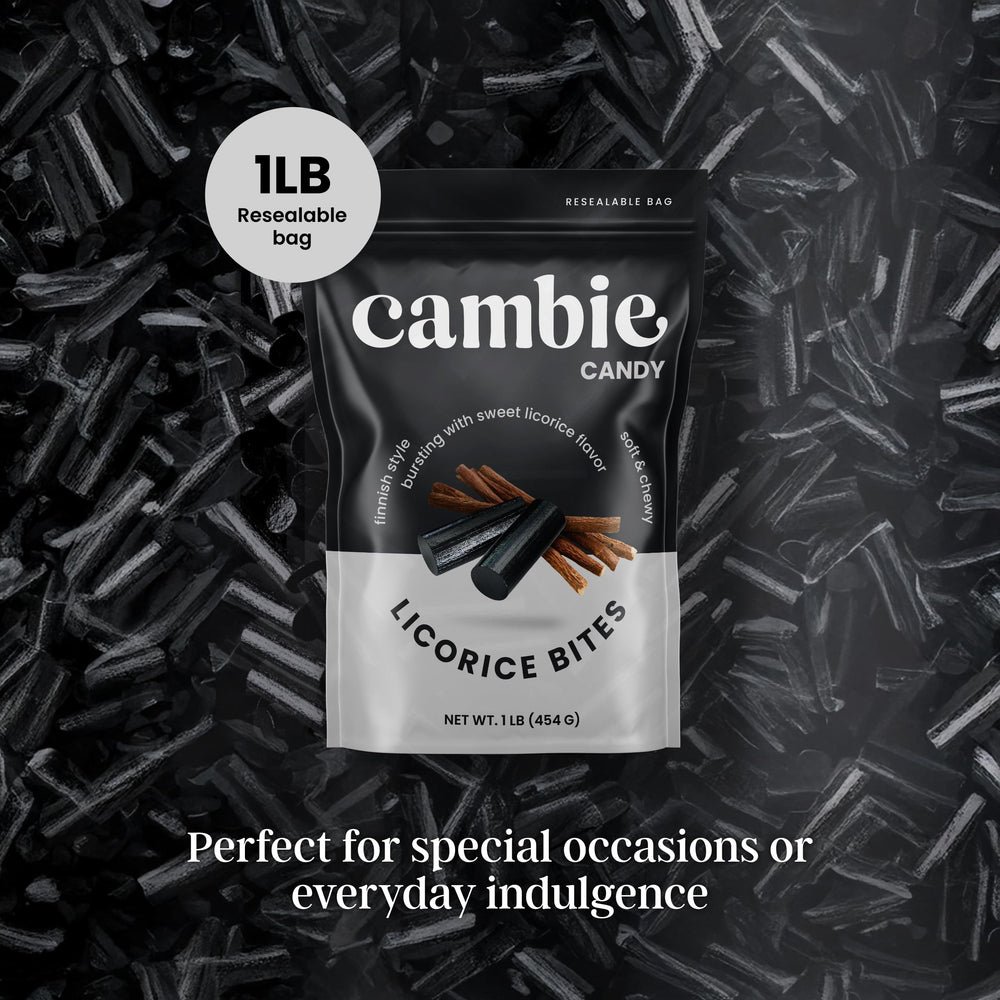 Cambie soft licorice bulk resealable pouch preserves freshness.