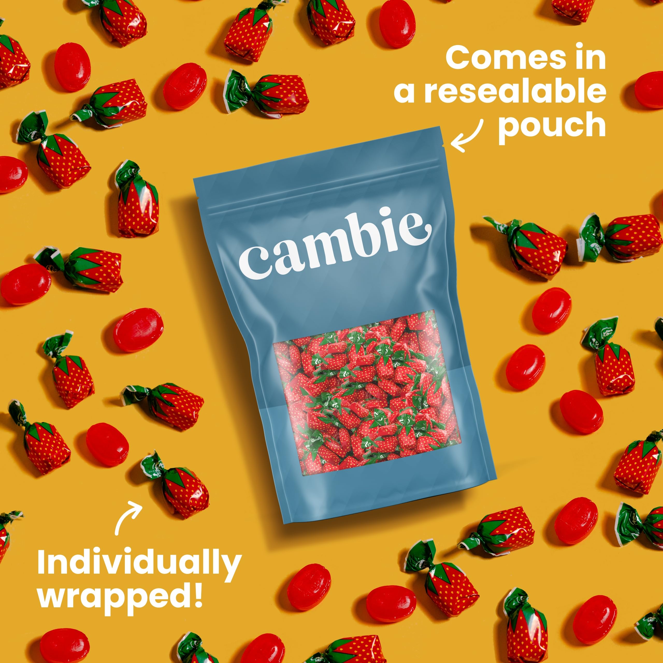 Cambie strawberry bon bons classic with crisp shell and fruity center.