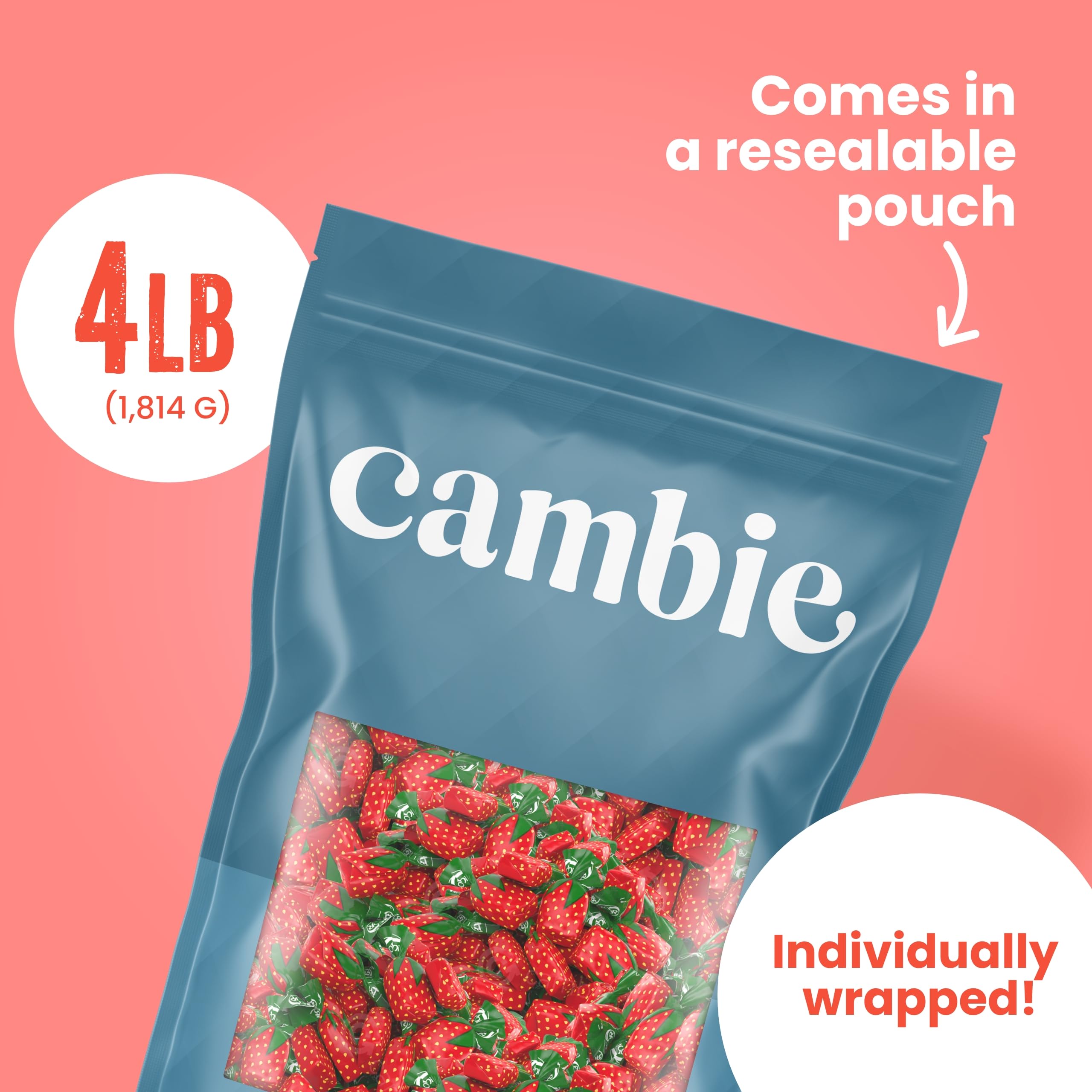 Cambie strawberry candies at office desk, easy to share with coworkers.