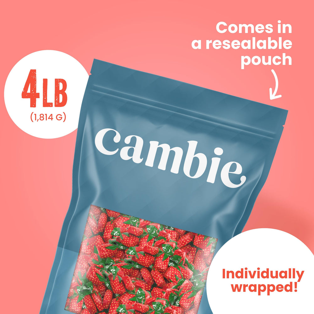 Cambie strawberry candies at office desk, easy to share with coworkers.