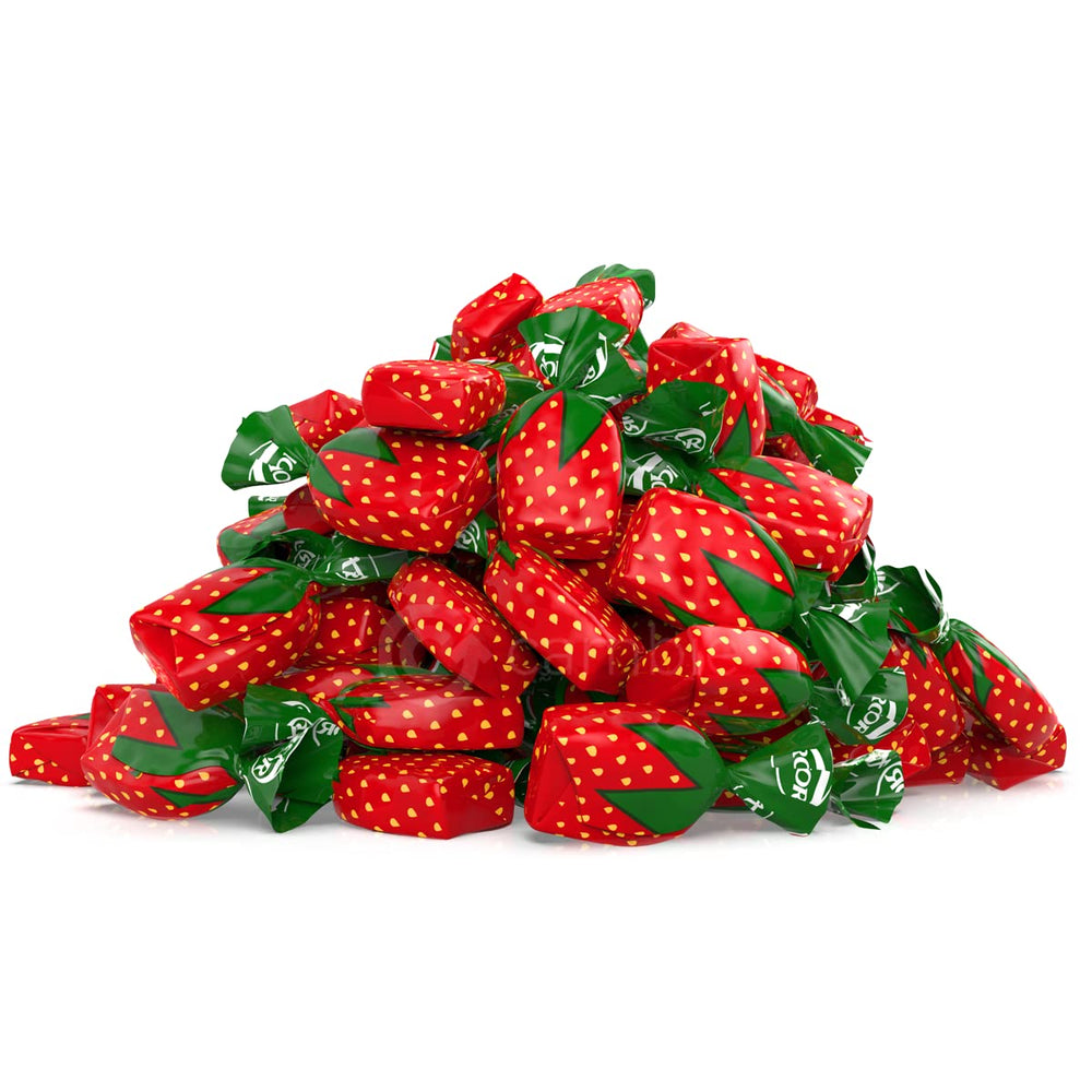 Cambie strawberry candy shelf display with vibrant red wrappers
