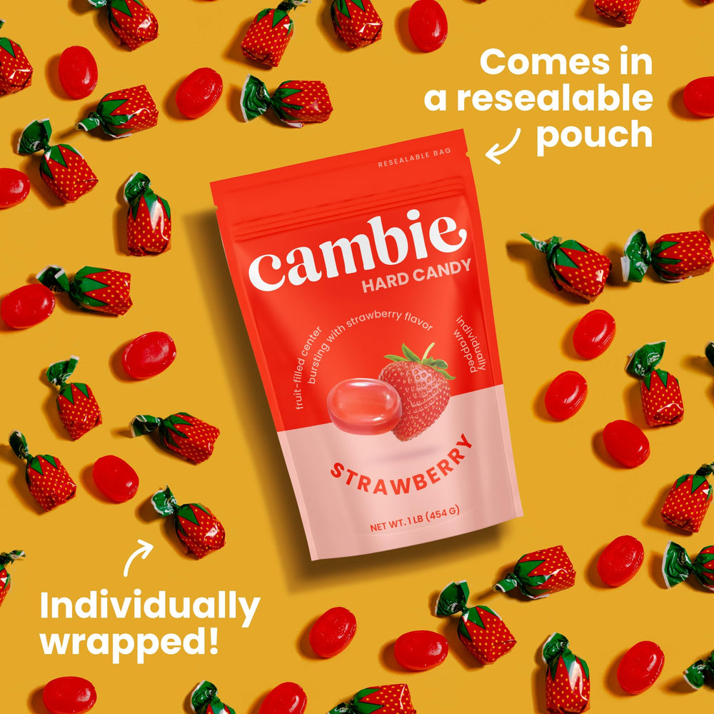 Cambie strawberry candy center-closeup highlights crunch and chewy contrast