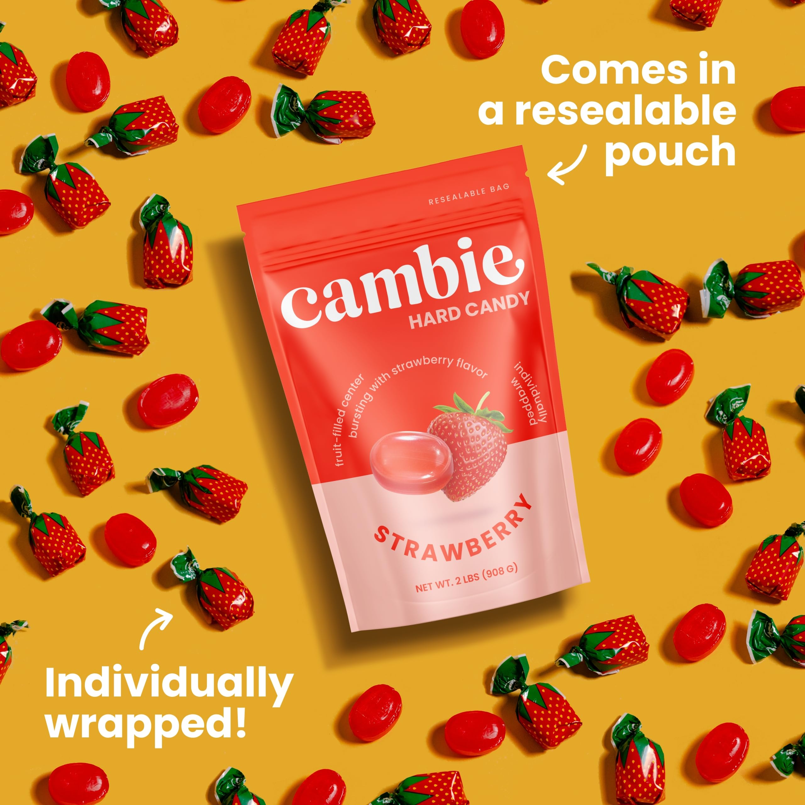 Cambie strawberry hard candy in resealable pouch keeps flavor longer