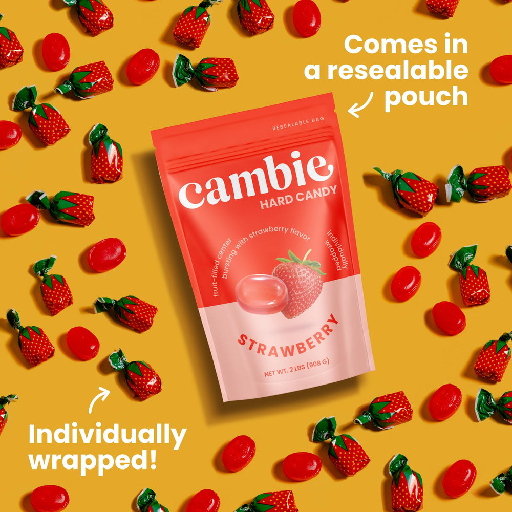 Cambie strawberry hard candy in resealable pouch keeps flavor longer