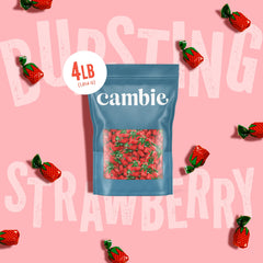 Cambie strawberry hard candy in resealable pouch preserves freshness for sharing.