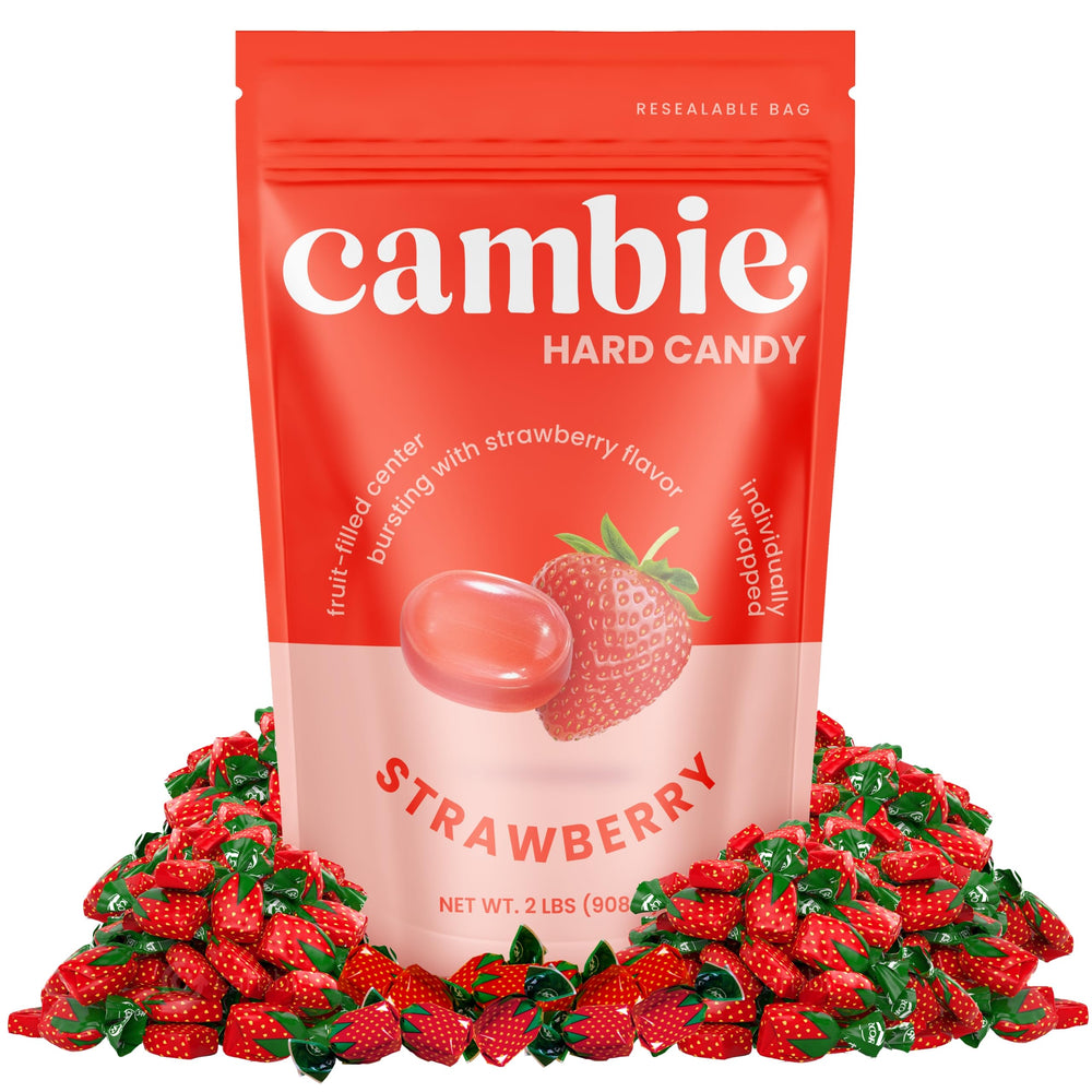 Cambie strawberry hard candy with soft center revealed after the crunch