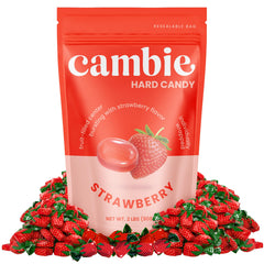 Cambie strawberry hard candy with soft center revealed after the crunch