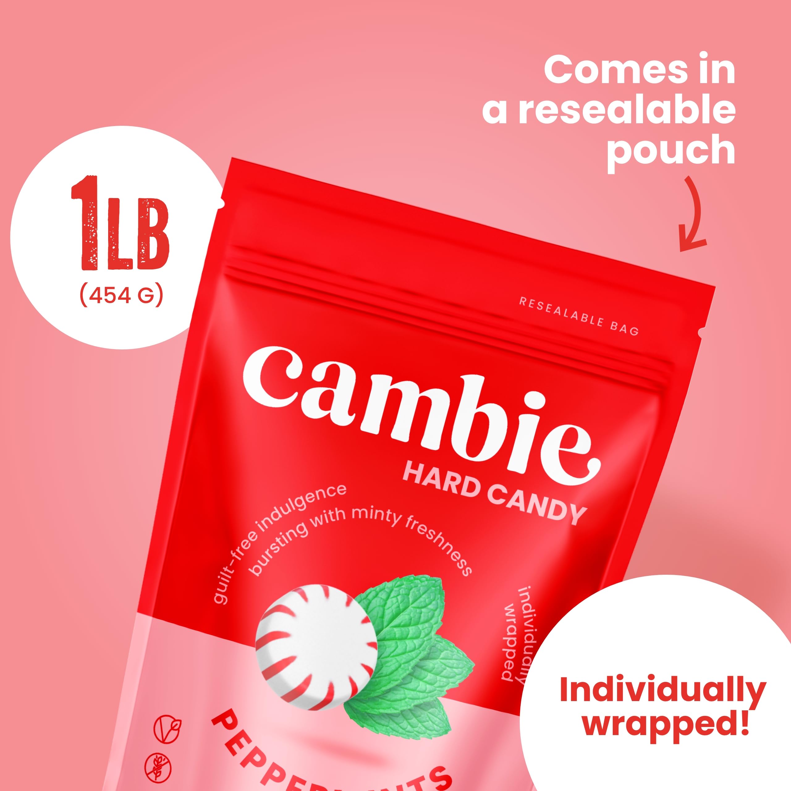 Cambie sugar-free peppermint hard candy close-up highlights a smooth, minty texture.