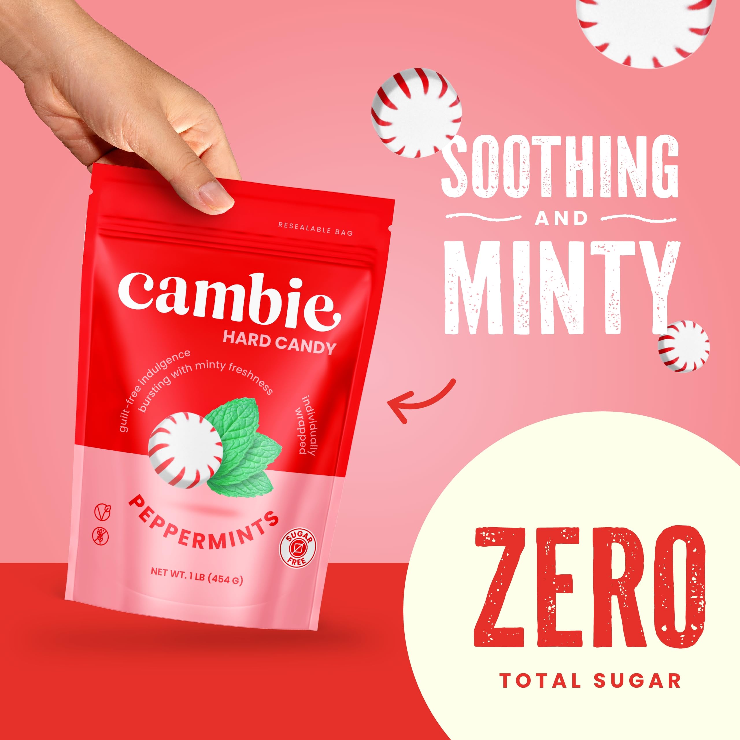 Cambie sugar-free peppermint hard candy placed on a clean desk for quick after-meal mint.
