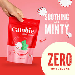 Cambie sugar-free peppermint hard candy placed on a clean desk for quick after-meal mint.