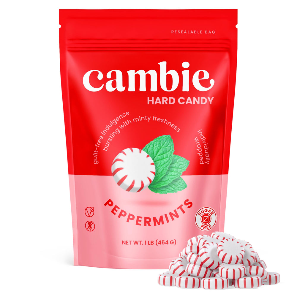 Cambie sugar-free peppermint hard candy package shows multiple mints for shareable snacking.