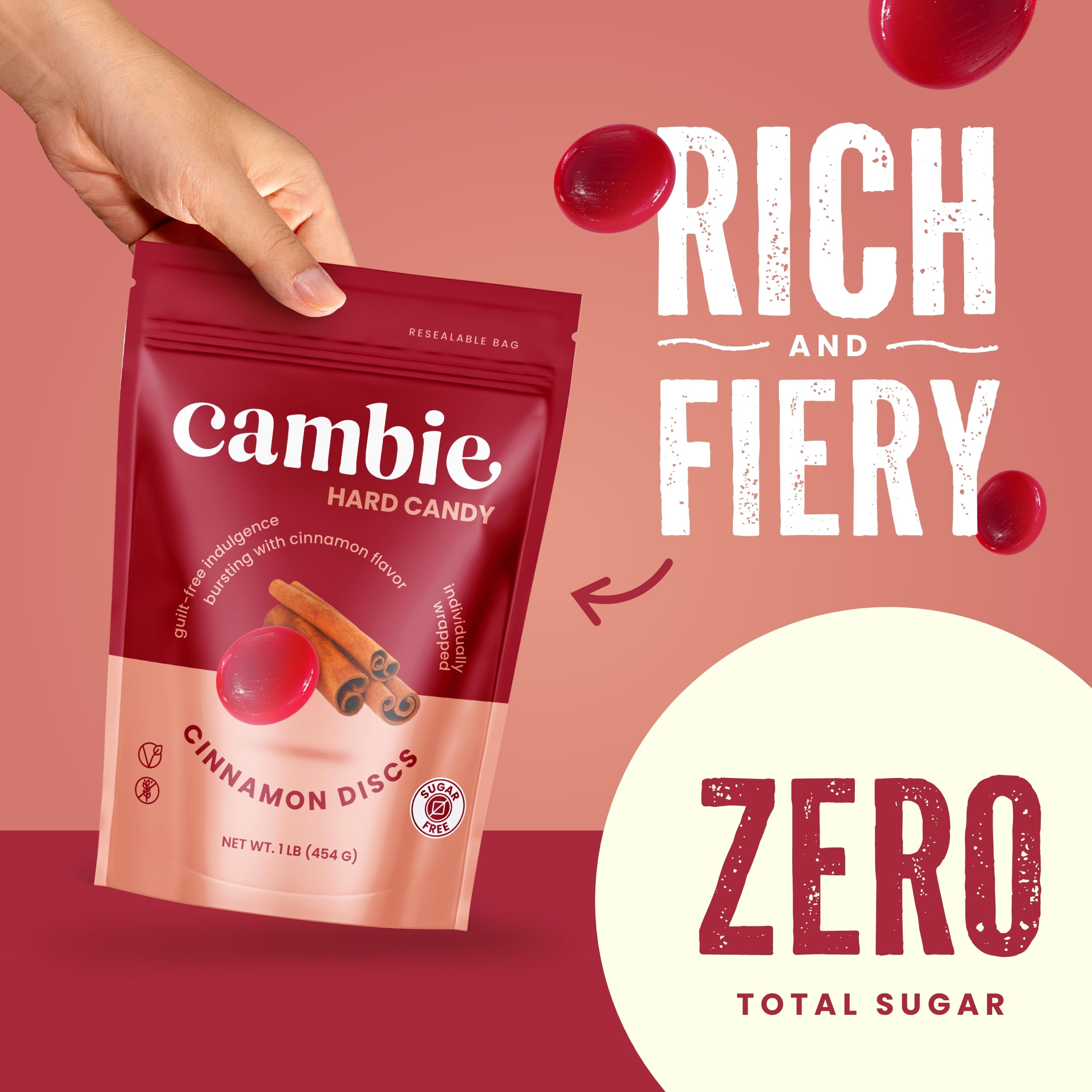 Cambie Sugar Free Cinnamon Hard Candy bag shows bulk option for easy sharing.