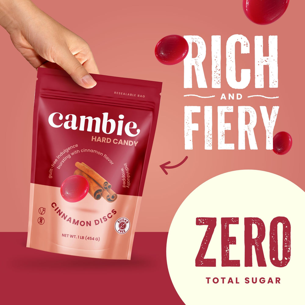 Cambie Sugar Free Cinnamon Hard Candy bag shows bulk option for easy sharing.
