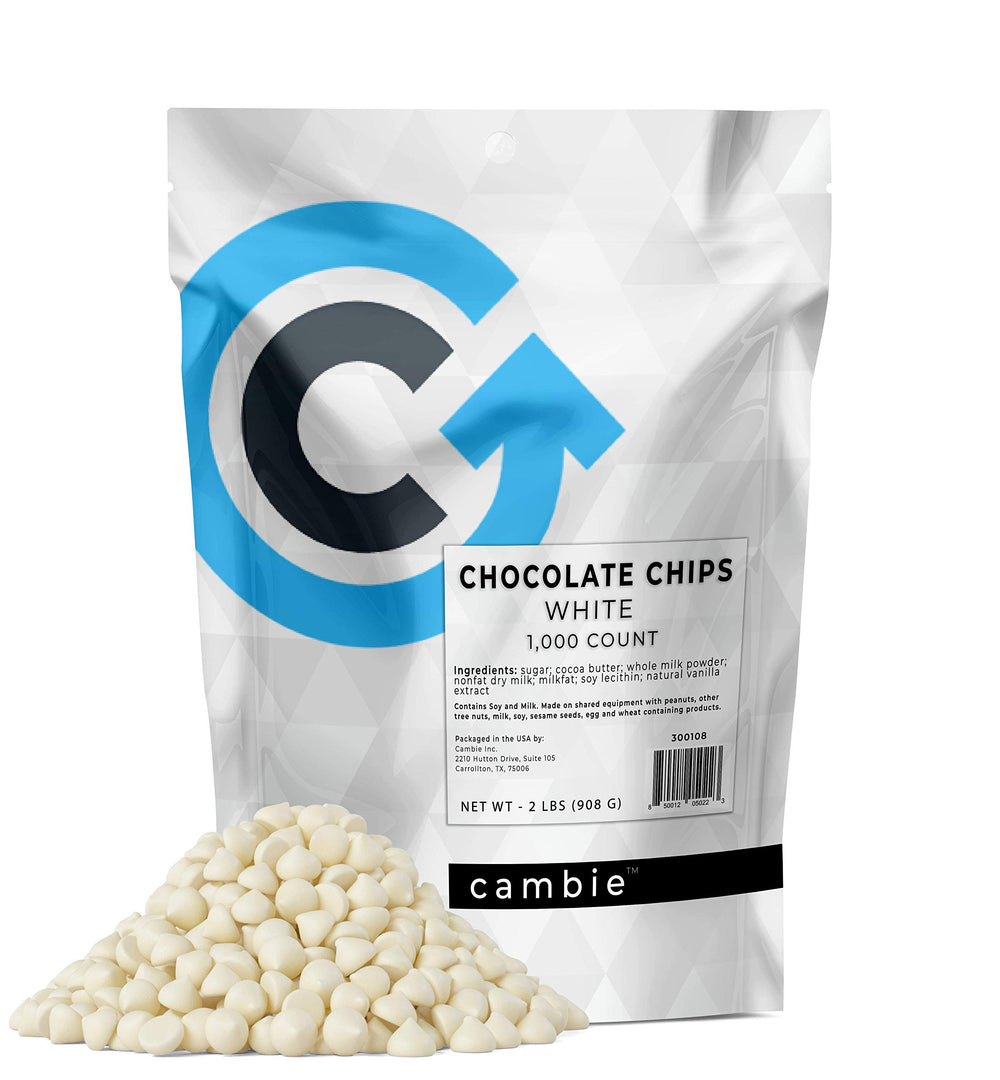 Closeup of Cambie white chocolate chips showing creamy texture ready to melt