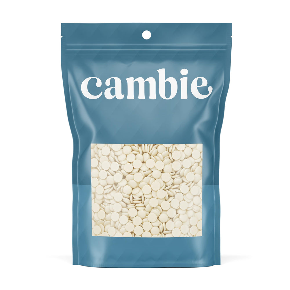 Cambie white chocolate couverture 28% in bag for precise melting and molding.