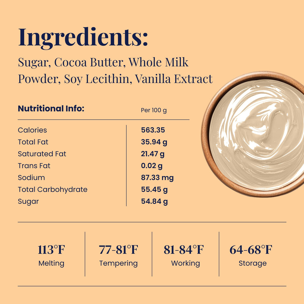 Cambie white chocolate couverture close-up showing smooth, glossy texture ideal for enrobing.