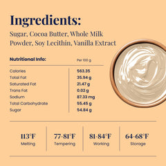 Cambie white chocolate couverture close-up showing smooth, glossy texture ideal for enrobing.