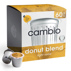 Cambio Roasters Donut Blend pod close-up highlighting organic beans and bright light roast