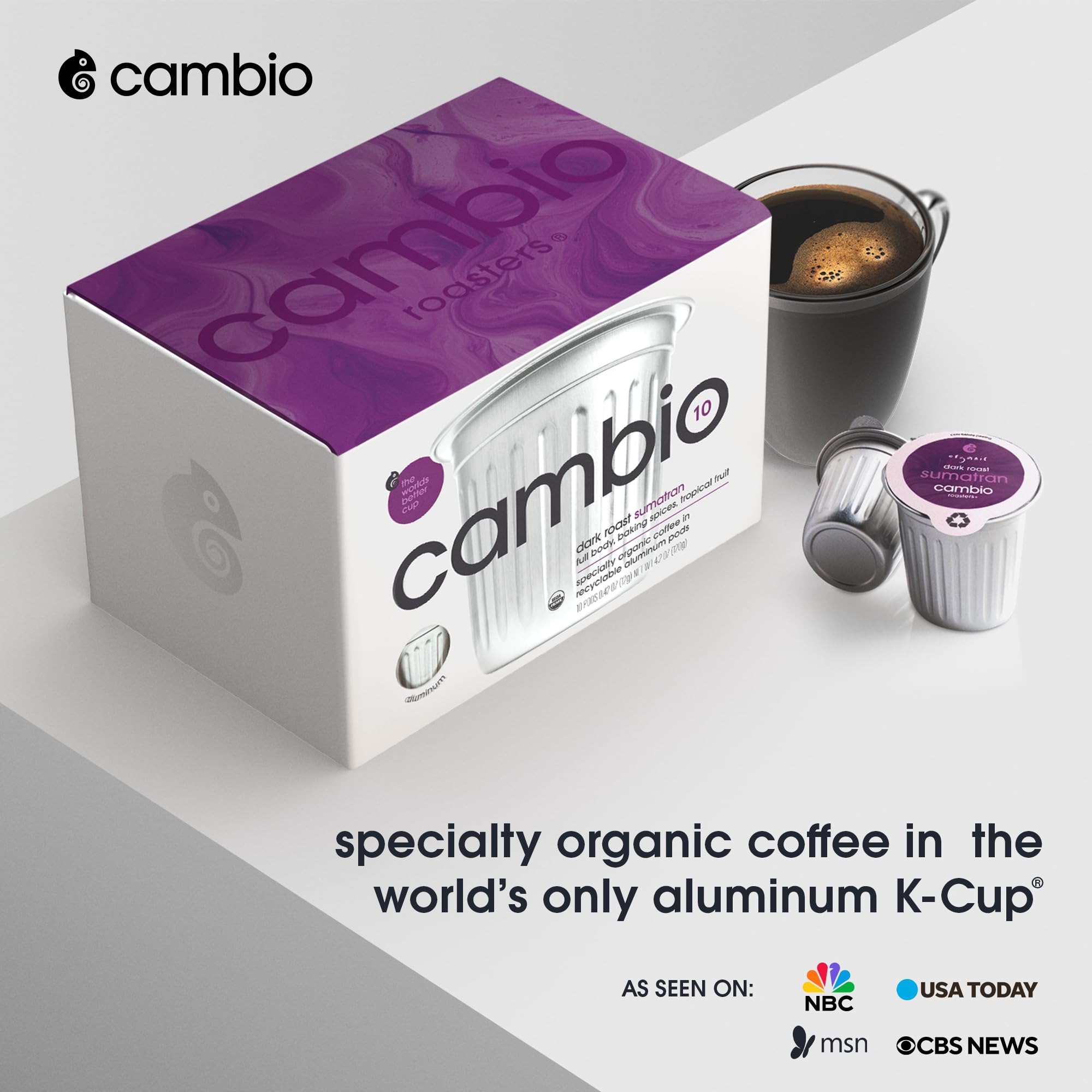 Cambio Roasters organic aluminum pod close-up highlighting BPA-free lining for fresher cups.