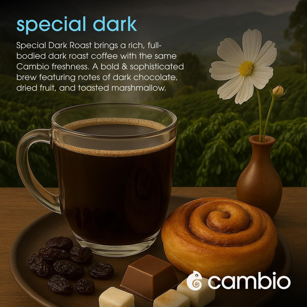 Recyclable aluminum design of Cambio Roasters Special Dark Pods supports eco-conscious brewing.