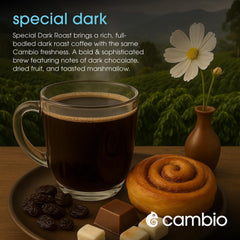 Recyclable aluminum design of Cambio Roasters Special Dark Pods supports eco-conscious brewing.