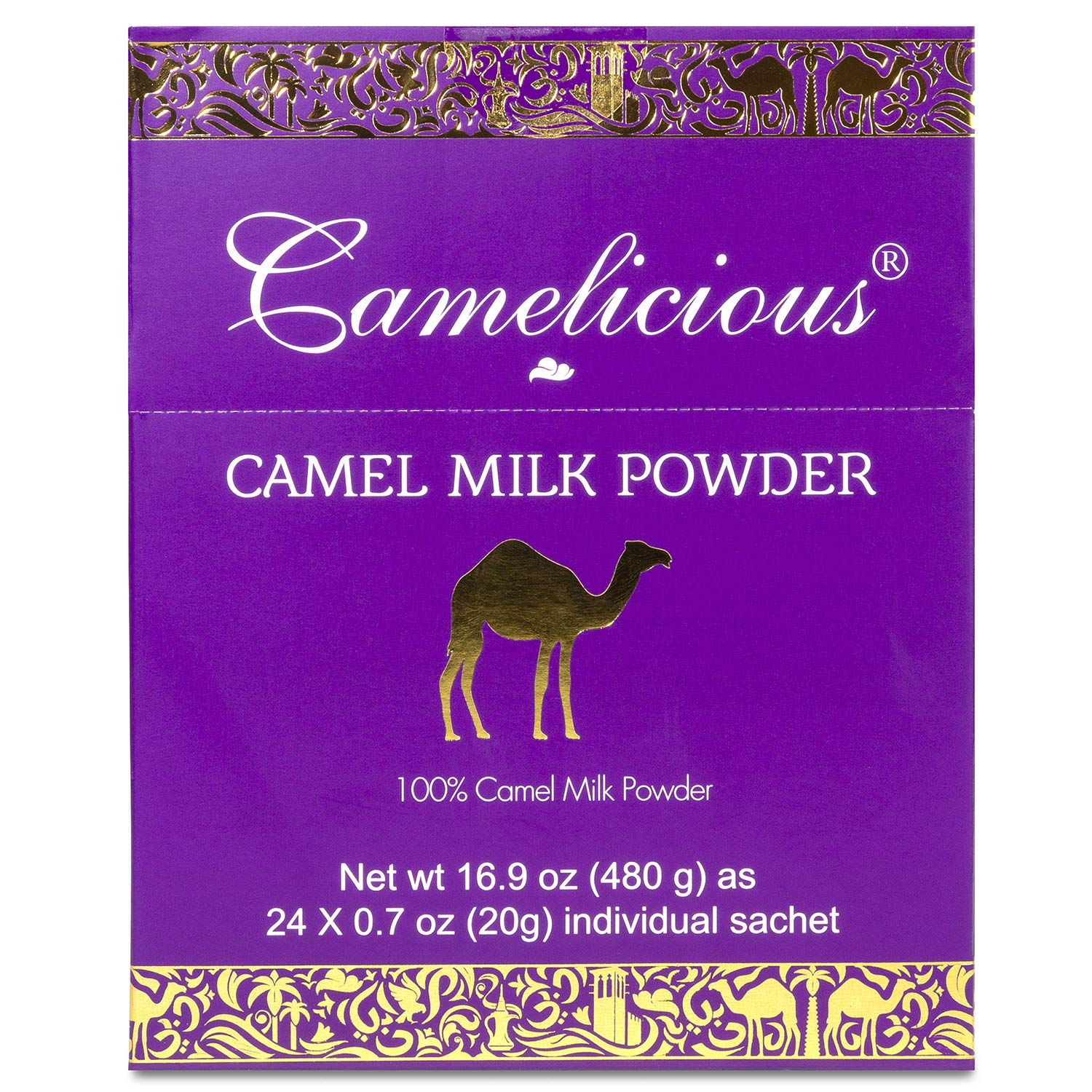 Opened Camelicious 20g packet reveals fine powder ready to mix.