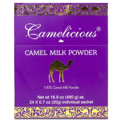 Opened Camelicious 20g packet reveals fine powder ready to mix.