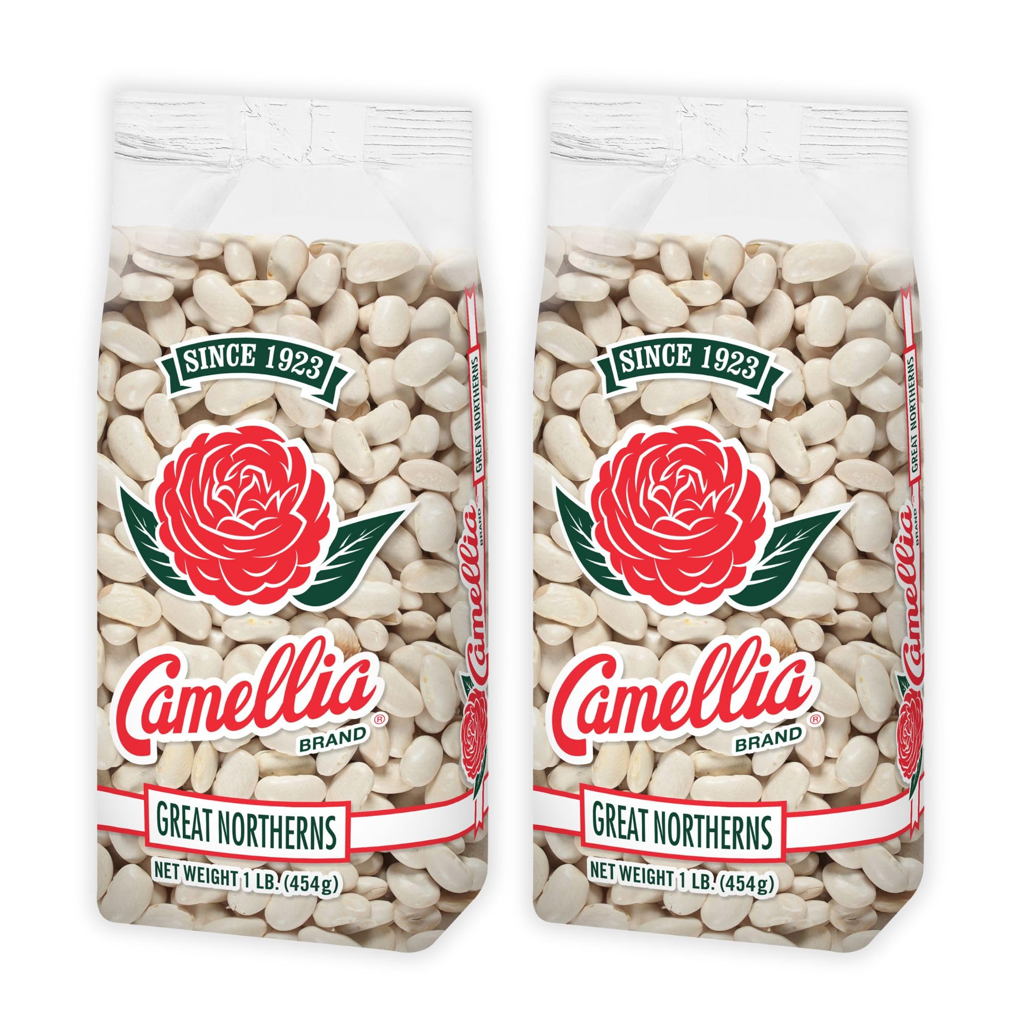 Camellia Brand dried Great Northern beans in bag showing premium quality for soups and stews.