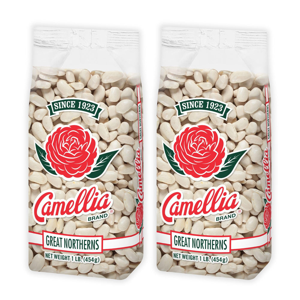Camellia Brand dried Great Northern beans in bag showing premium quality for soups and stews.