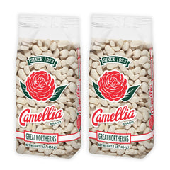 Camellia Brand dried Great Northern beans in bag showing premium quality for soups and stews.