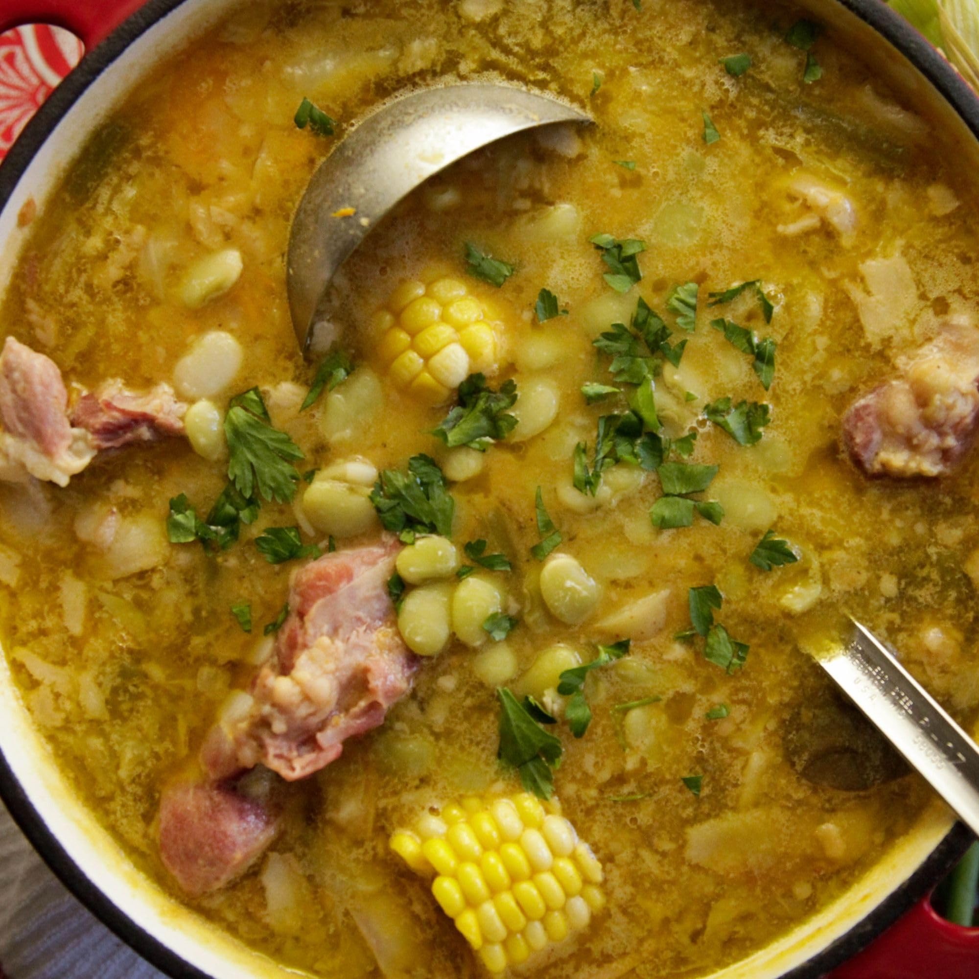 Camellia Brand dried green baby lima beans rich soup - high protein plant-based option.