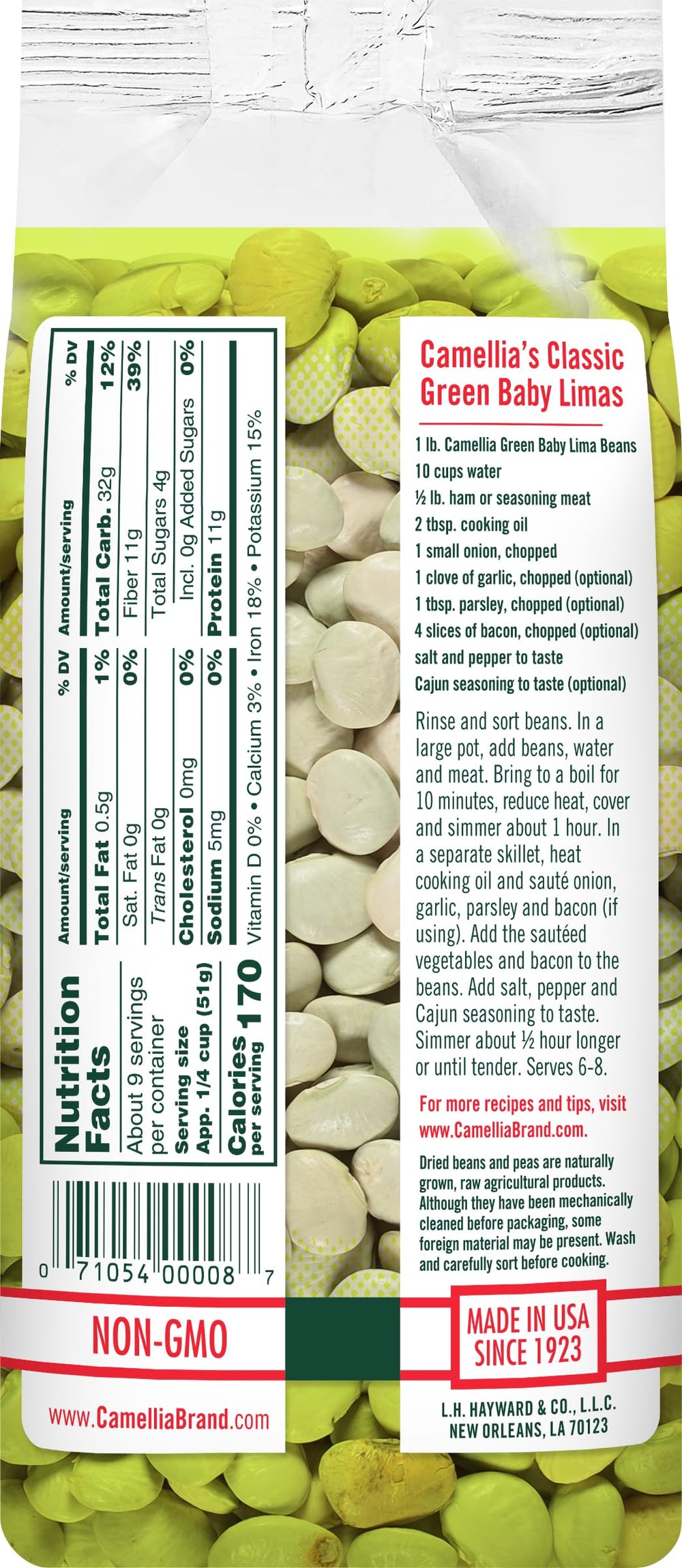 Camellia Brand dried green baby lima beans soaking bowl - soak and prep for tender cooking.