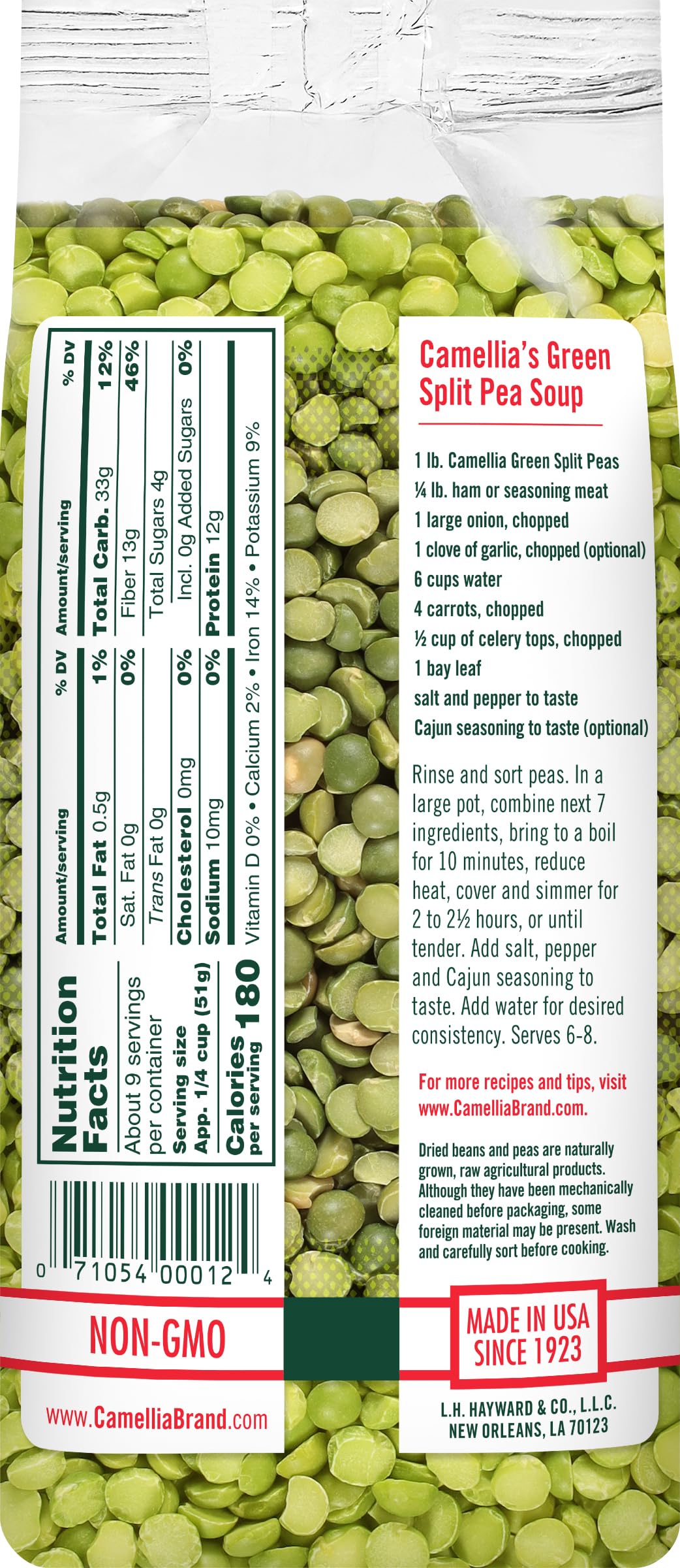 Camellia Brand dried green split peas closeup highlighting natural texture for soups.